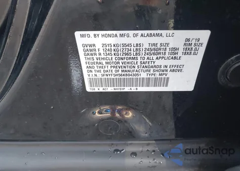 2019 Honda Pilot Ex-L from USA, damaged, VIN 5FNYF5H56KB043051